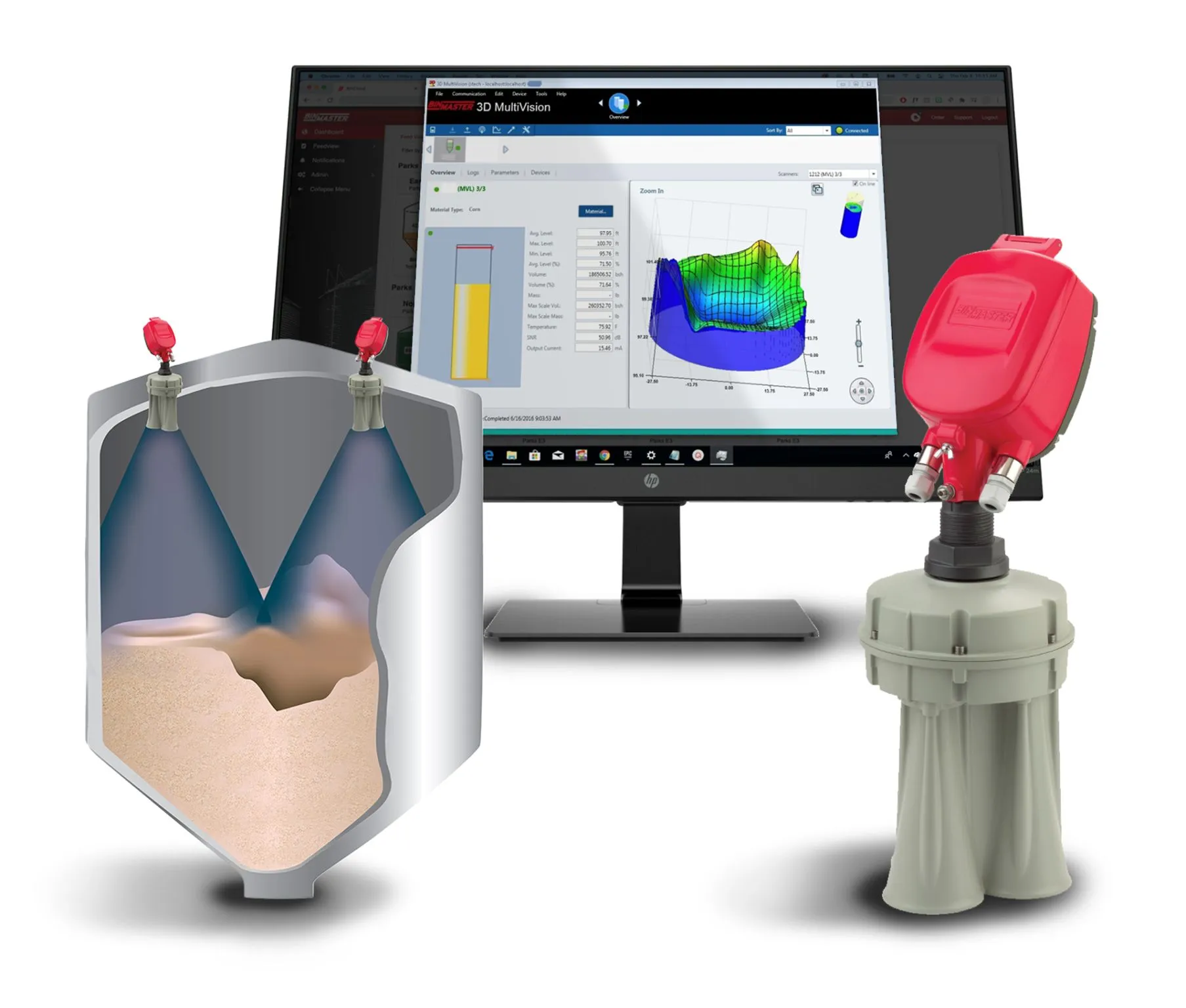 Ilustración de un sensor de nivel 3D midiendo la superficie irregular de material a granel dentro de un silo